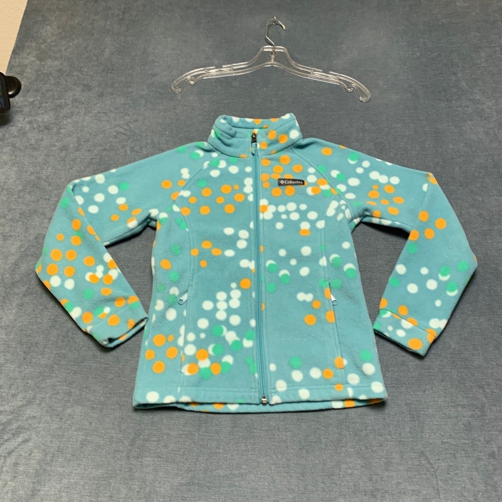 Columbia Benton Springs Fleece Jacket Girls M 10/12 Teal Orange Polka Dot Logo